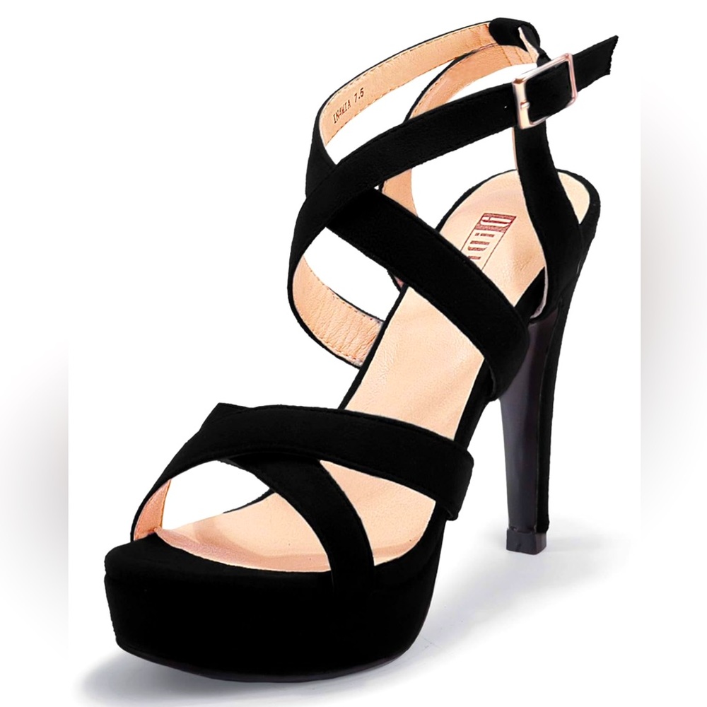 Black Platform Strappy Heels Faux Suede IDIFU Size 8 US NWOT